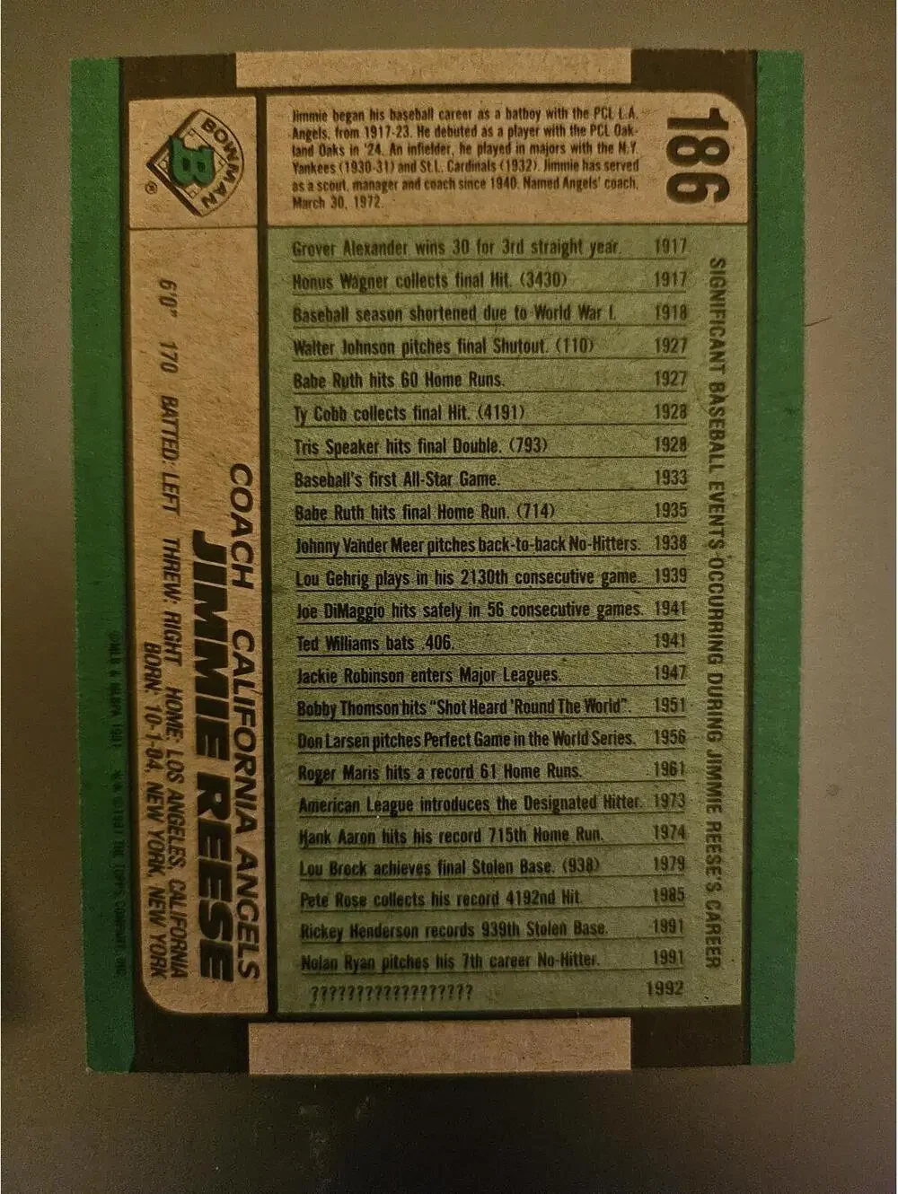 1991 Bowman - Jimmie Reese - 75 years coach - California Angels #186